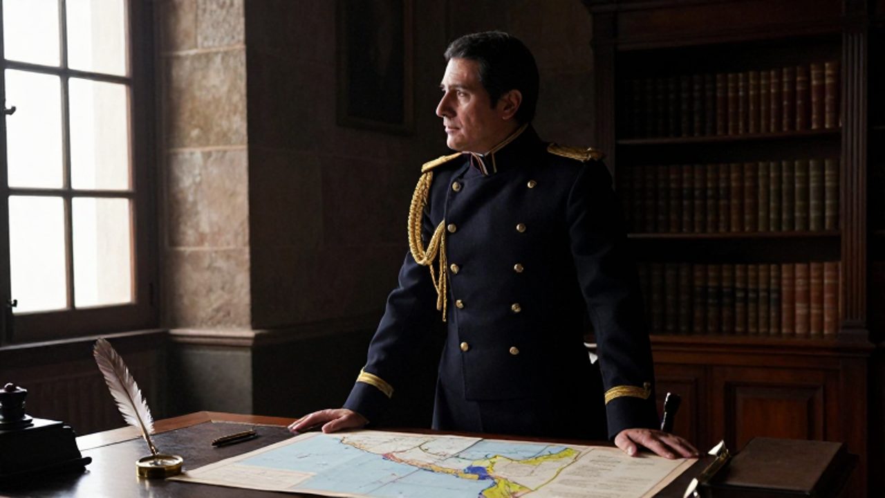 José de la Mar con uniforme militar observa pensativo por la ventana de un despacho colonial rodeado de mapas y documentos estratégicos.