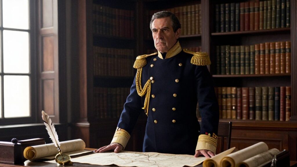Retrato de José de la Mar como oficial militar del siglo XIX, vistiendo un uniforme de gala con charreteras doradas en un despacho histórico rodeado de mapas y libros.