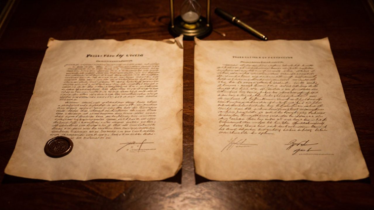 Dos pergaminos antiguos con sellos y firmas sobre una mesa de madera, contrastando un documento de rendición con uno de negociación diplomática.