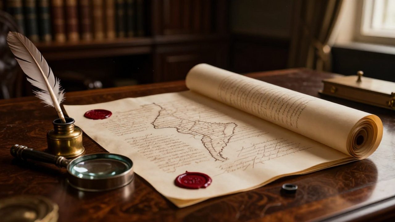 Tratado diplomático del siglo XIX sobre un escritorio de madera, con sellos de cera y un mapa de las fronteras sudamericanas bajo una lupa.