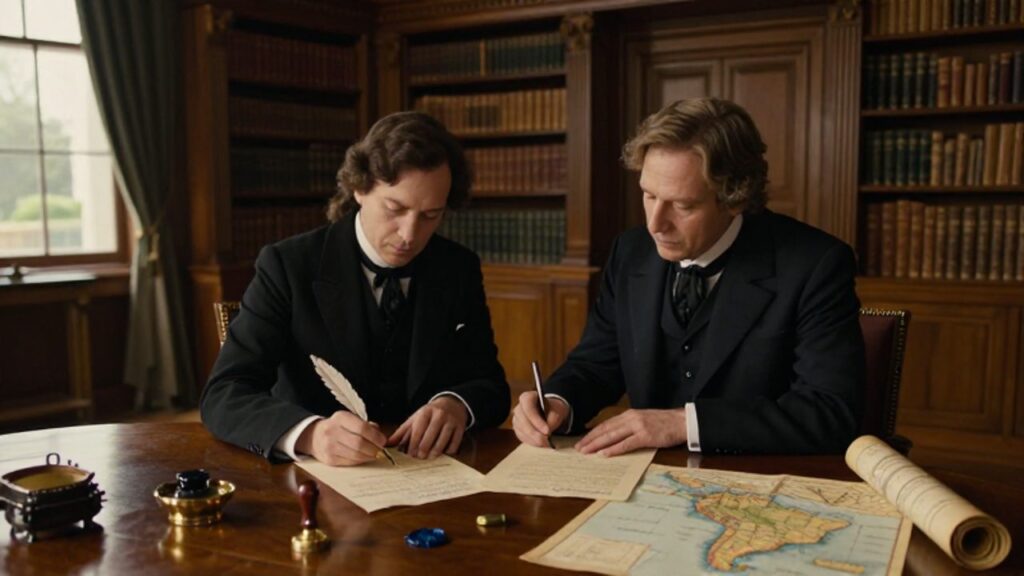 Dos diplomáticos con vestimenta del siglo XIX firman un tratado sobre un pergamino en un salón colonial con mapas históricos sobre la mesa.