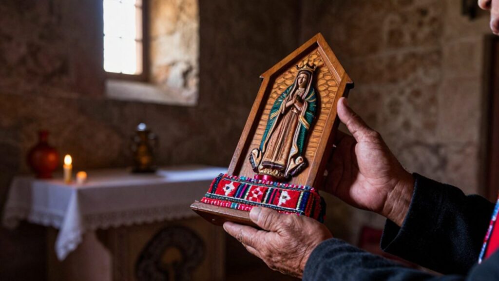Manos desgastadas sostienen un ícono religioso de madera decorado con textiles de patrones andinos dentro de una capilla colonial.