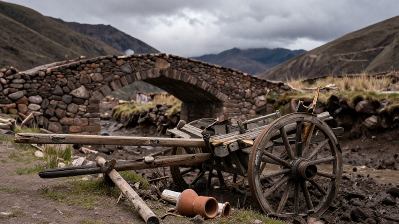 Ruinas de un puente de piedra y un carro de madera volcado en un paisaje andino desolado bajo un cielo nublado.