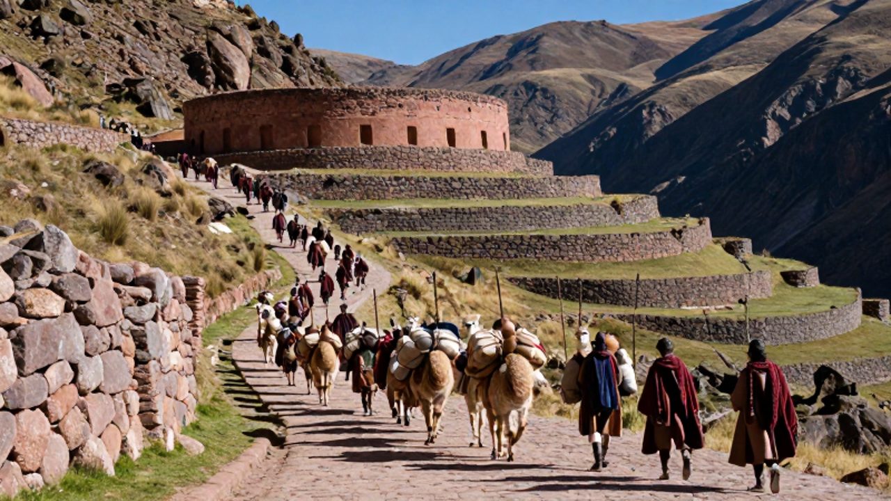 Columna de soldados incas y trabajadores avanzan por un camino de piedra en la montaña junto a llamas cargadas de suministros y graneros circulares al fondo.