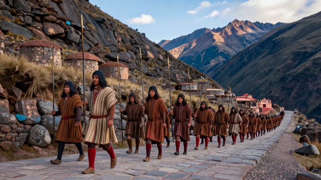 Guerreros incas marchan en formación disciplinada con lanzas por un camino de piedra andino, con tambos y depósitos de suministros en las terrazas de las montañas al fondo.