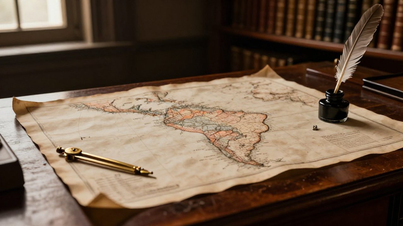 Mapa antiguo de Sudamérica extendido sobre un escritorio de madera con herramientas de dibujo y una pluma, resaltando los límites del territorio peruano.