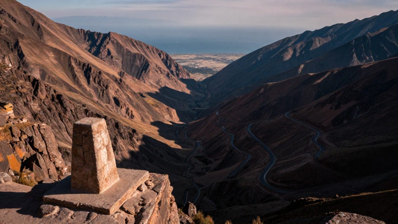 Carretera serpenteante en los Andes peruanos que conecta las montañas escarpadas con un valle costoso en la distancia.