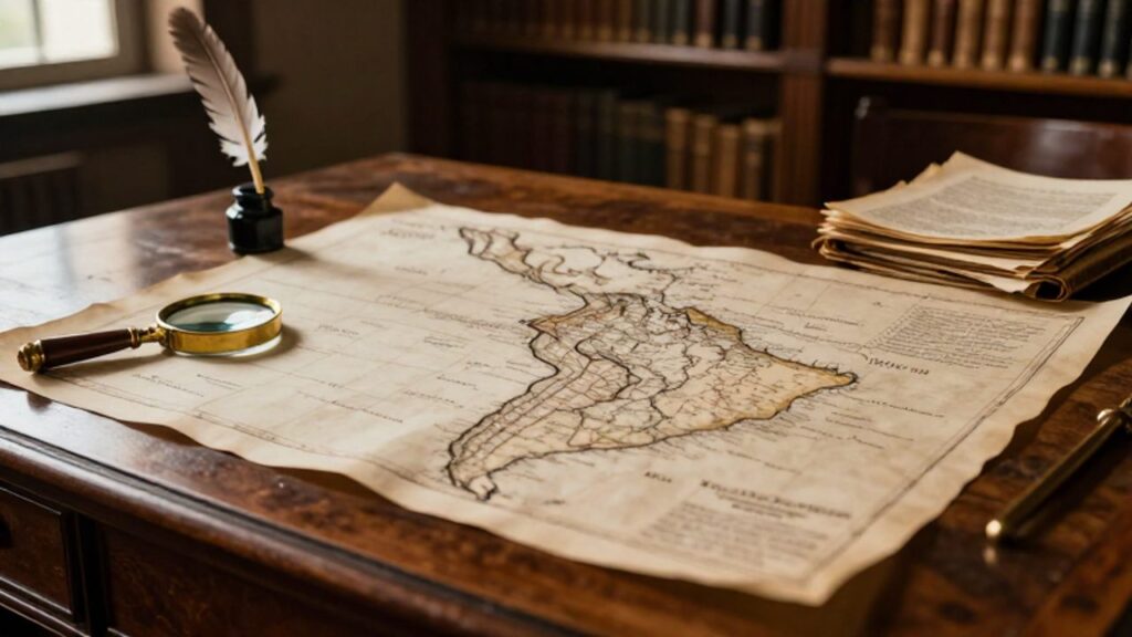 Mapa antiguo de Sudamérica sobre un escritorio de madera con una lupa, una pluma y documentos históricos en una biblioteca.
