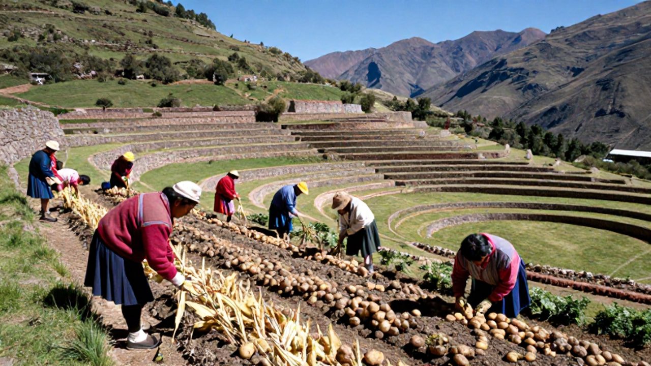 Miembros de una comunidad inca trabajan de forma colectiva cultivando diversos productos en terrazas agrícolas de piedra en los Andes.