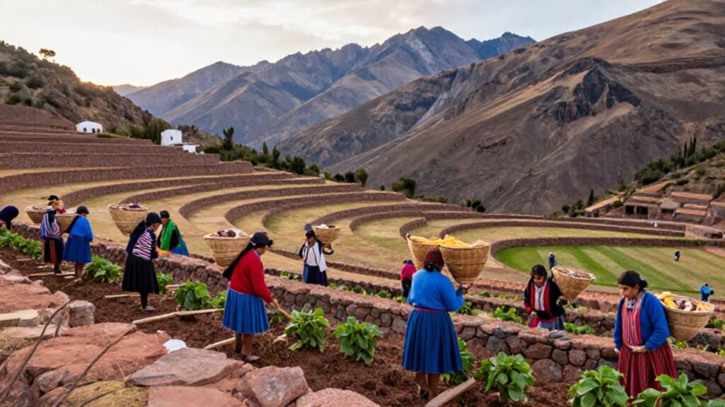 Miembros de una comunidad inca trabajan colectivamente en la cosecha de maíz y papas sobre terrazas agrícolas en los Andes.