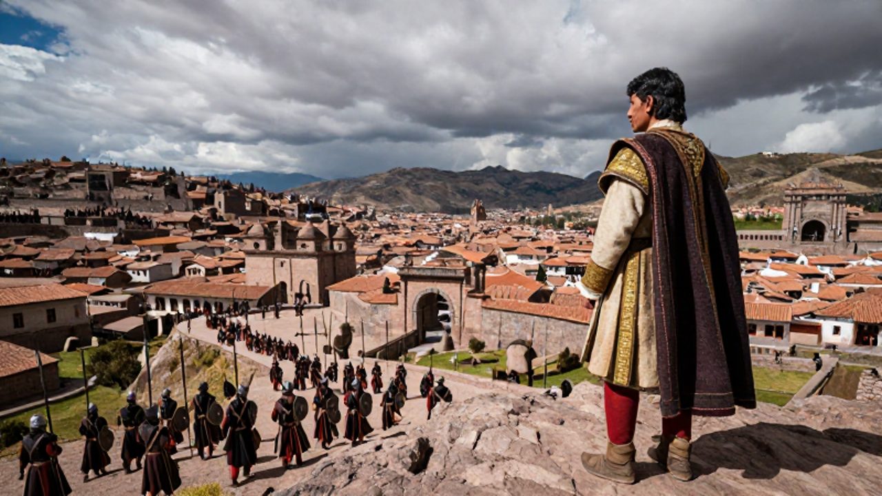 Manco Inca observa desde una cresta andina el asedio de sus guerreros contra la ciudad de Cusco.