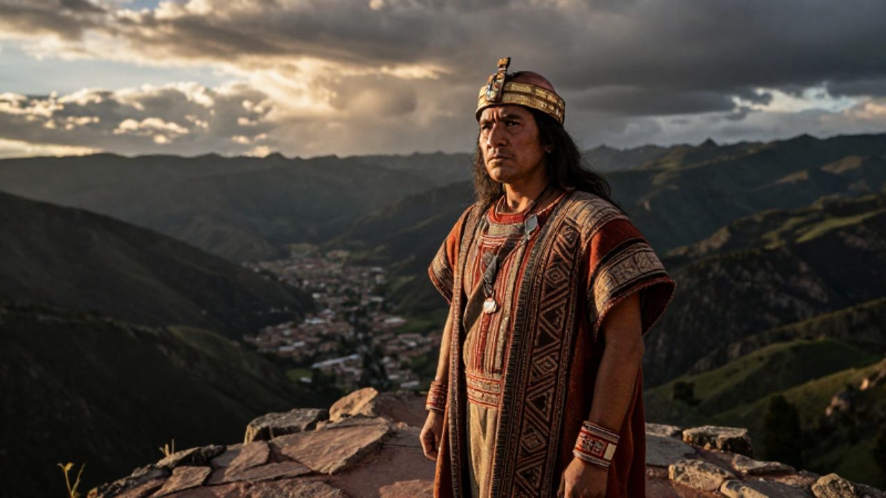 Líder inca con vestimenta ceremonial y tocado de oro observa con determinación un valle andino bajo un cielo tormentoso.