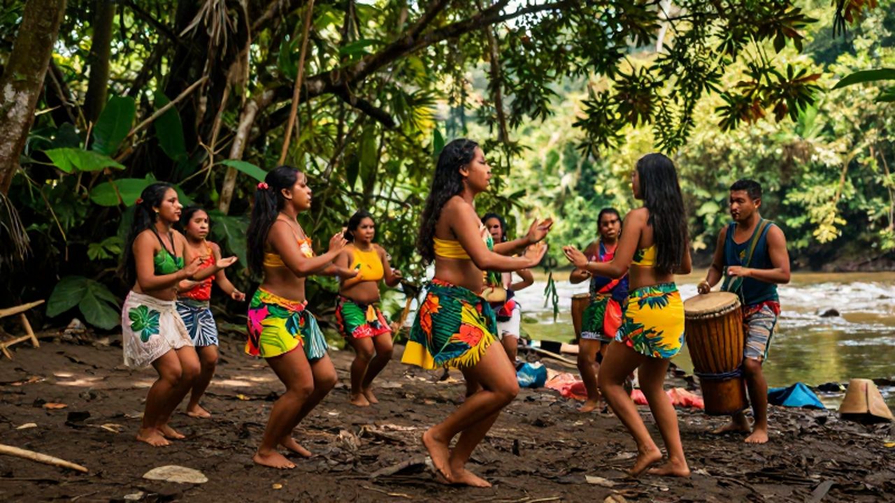 Grupo de bailarines con trajes coloridos ejecutando la danza de la Pandilla en un claro de la selva junto a un músico que toca el tambor manguaré.