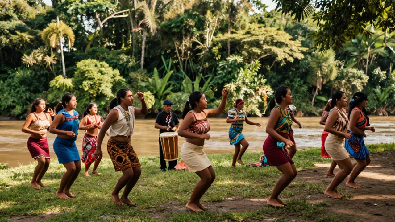 Grupo de bailarines locales con vestimentas coloridas realizan la danza de la Pandilla en un claro junto al río Amazonas, acompañados por un músico con un tambor manguaré.