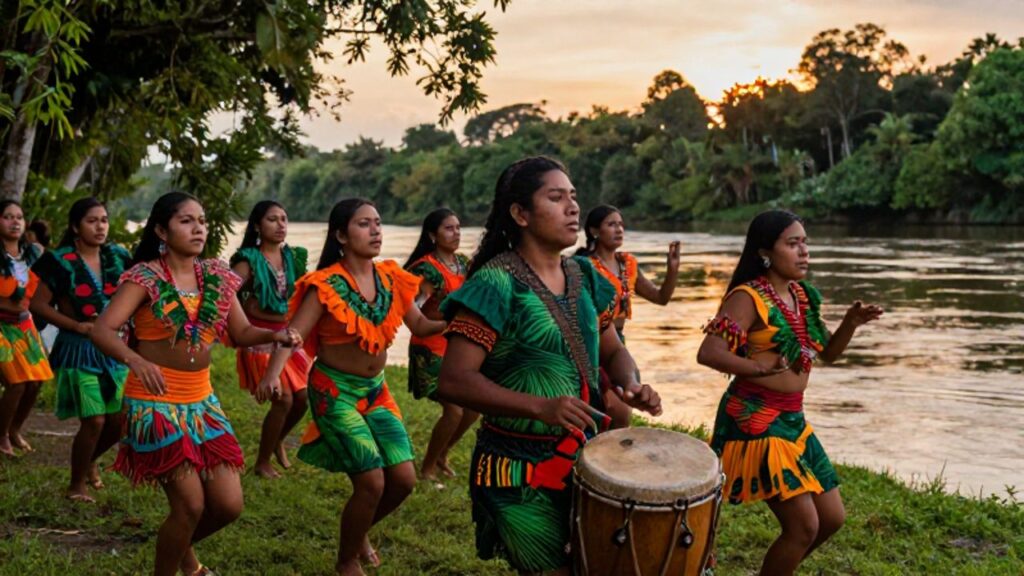 Grupo de danzantes peruanos con trajes coloridos bailan la Pandilla Amazónica junto a un río durante el atardecer, mientras un músico toca el manguaré.