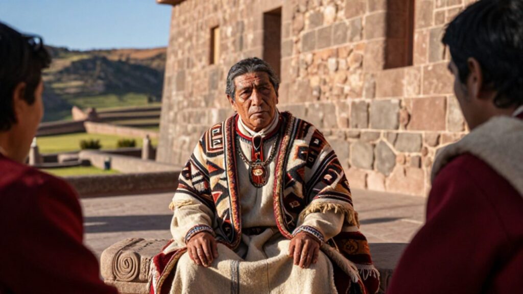 Un curaca con vestiduras textiles finas se reúne con un mensajero imperial en el patio de un palacio andino con campos aterrazados al fondo.