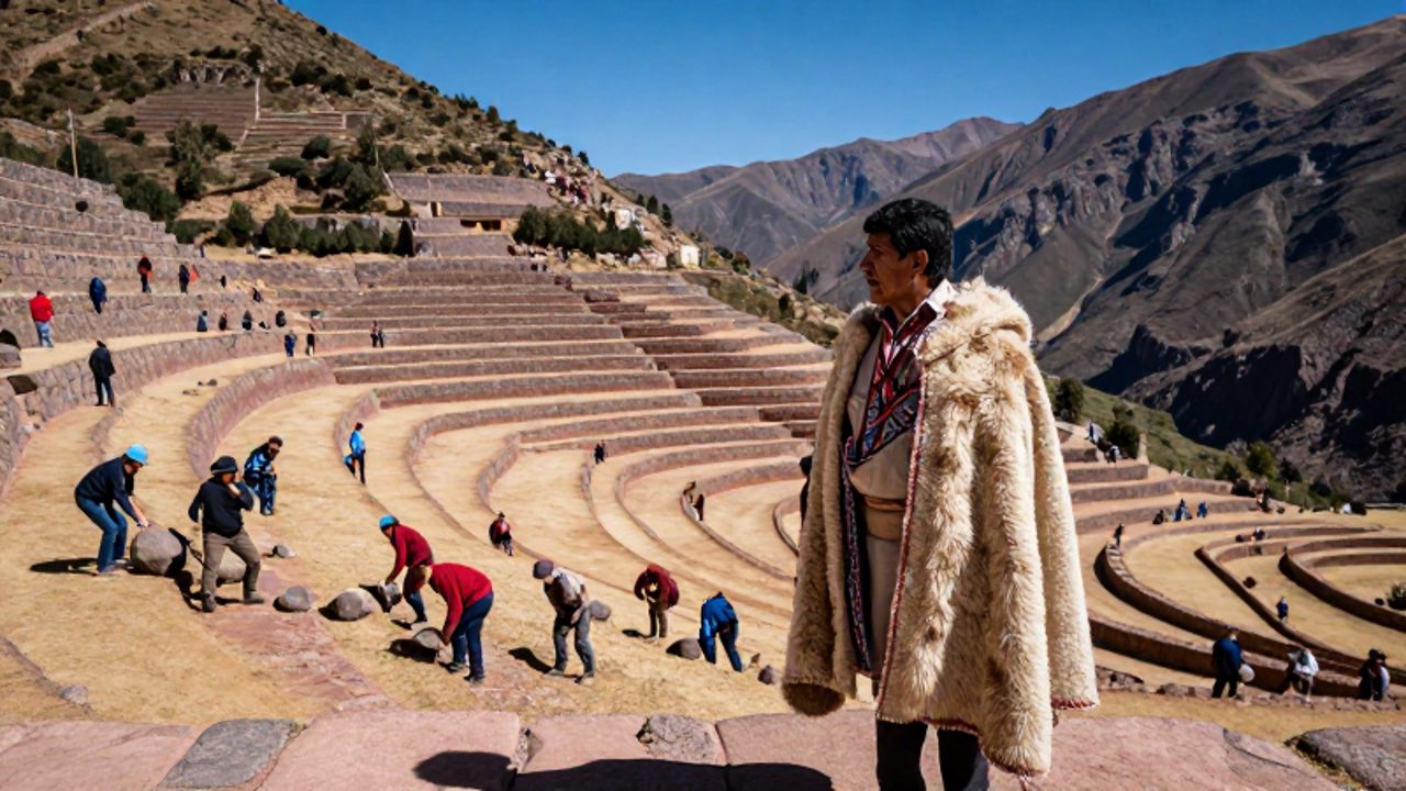 Un curaca con vestimenta noble supervisa desde una terraza de piedra el trabajo organizado de los campesinos en los cultivos andinos.