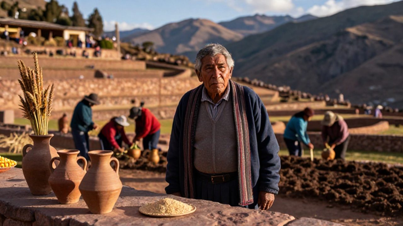 Un curaca inca observa con expresión seria el trabajo de su comunidad en las terrazas agrícolas de los Andes.