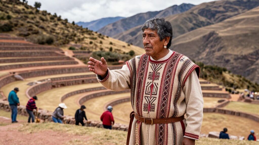 Un curaca con vestimenta noble señala hacia los miembros de su comunidad que trabajan en los sistemas de terrazas agrícolas andinas.