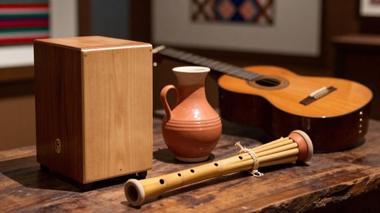Variedad de instrumentos musicales tradicionales peruanos, como un cajón, una guitarra, una flauta de cerámica y zampoñas, dispuestos sobre una mesa de madera con un textil andino de fondo.