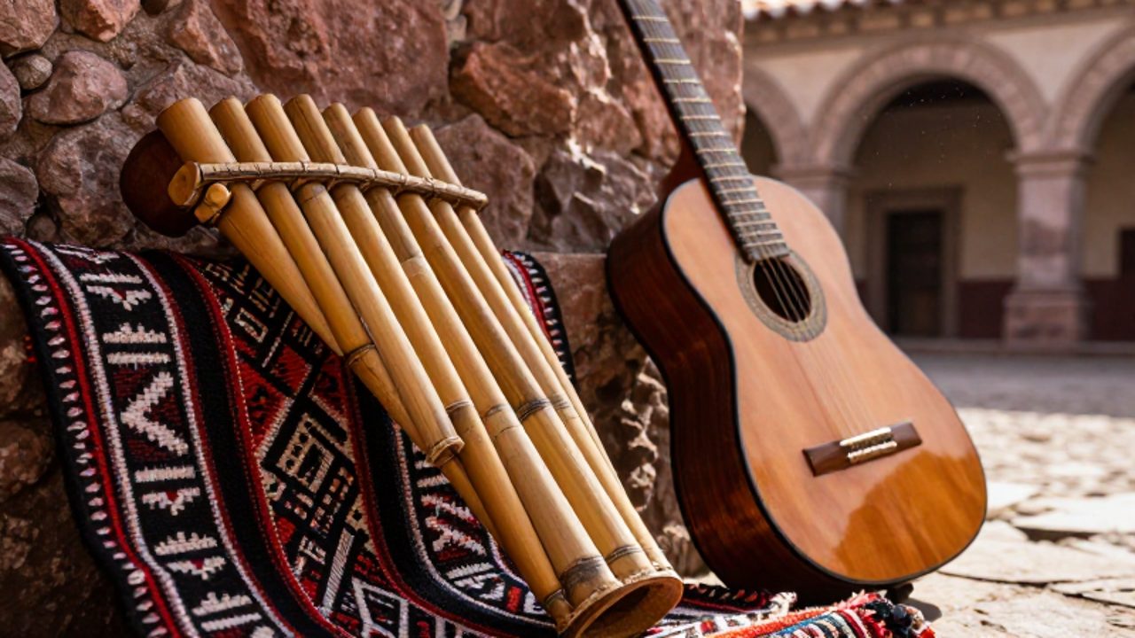 Una zampoña de caña sobre un textil con patrones incas junto a una guitarra de madera en un patio andino.