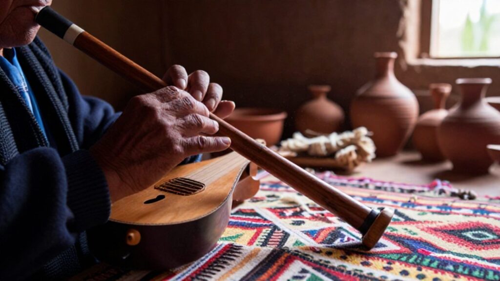 Manos tocando una flauta de madera y un charango sobre un textil andino con patrones geométricos.