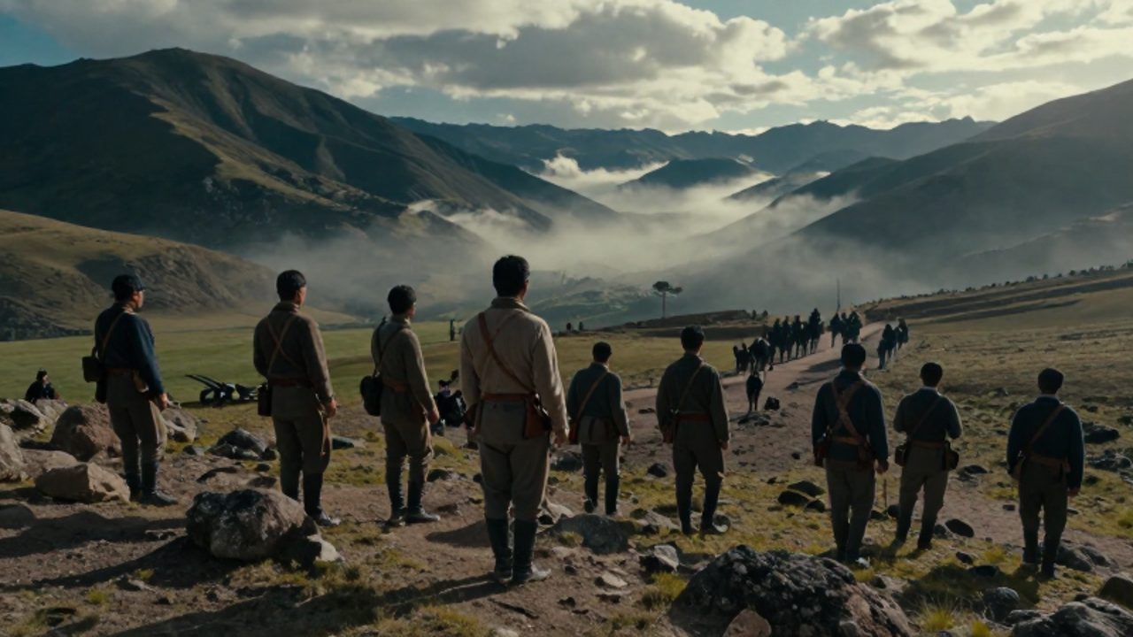 Soldados de infantería peruana del siglo XIX apostados en una cresta rocosa de los Andes frente a un valle con niebla y artillería en la distancia.