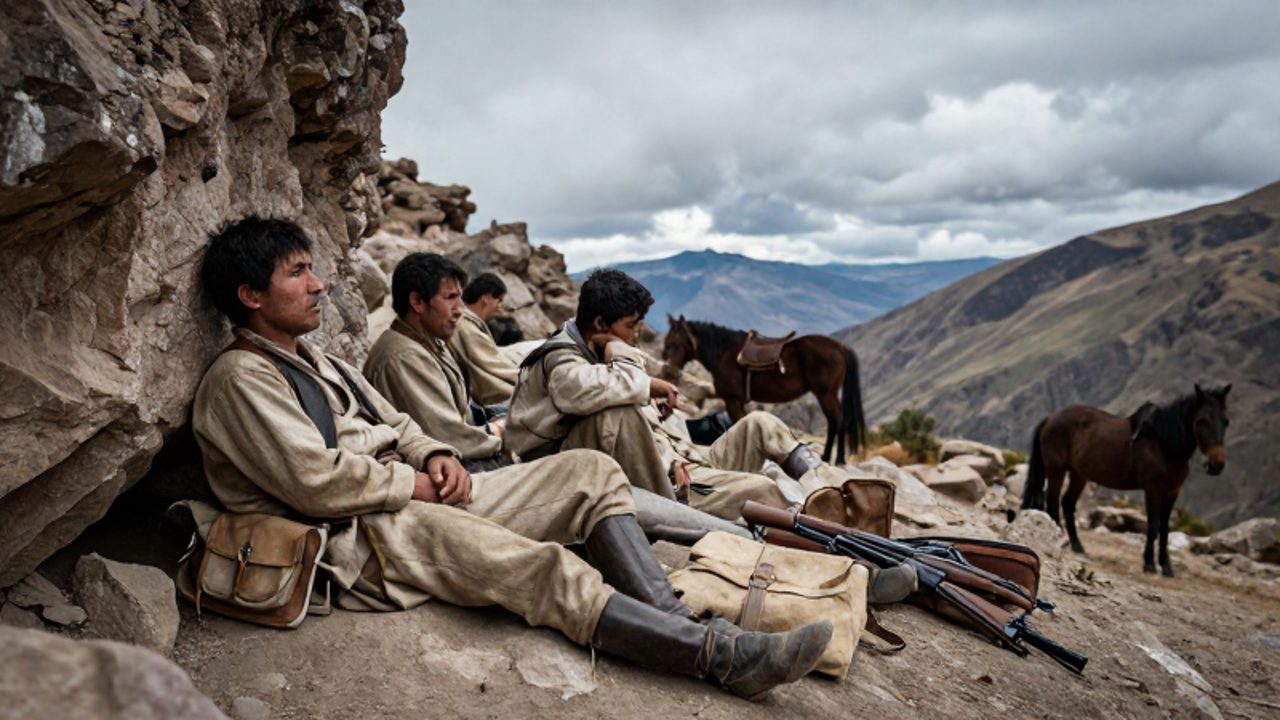 Soldados de la milicia irregular peruana del siglo XIX descansan con fatiga junto a sus caballos y armas en un accidentado paso de la cordillera de los Andes.