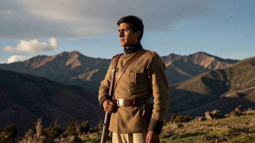 Soldado peruano del siglo XIX con uniforme de época y mosquete, de pie frente a las montañas de los Andes.