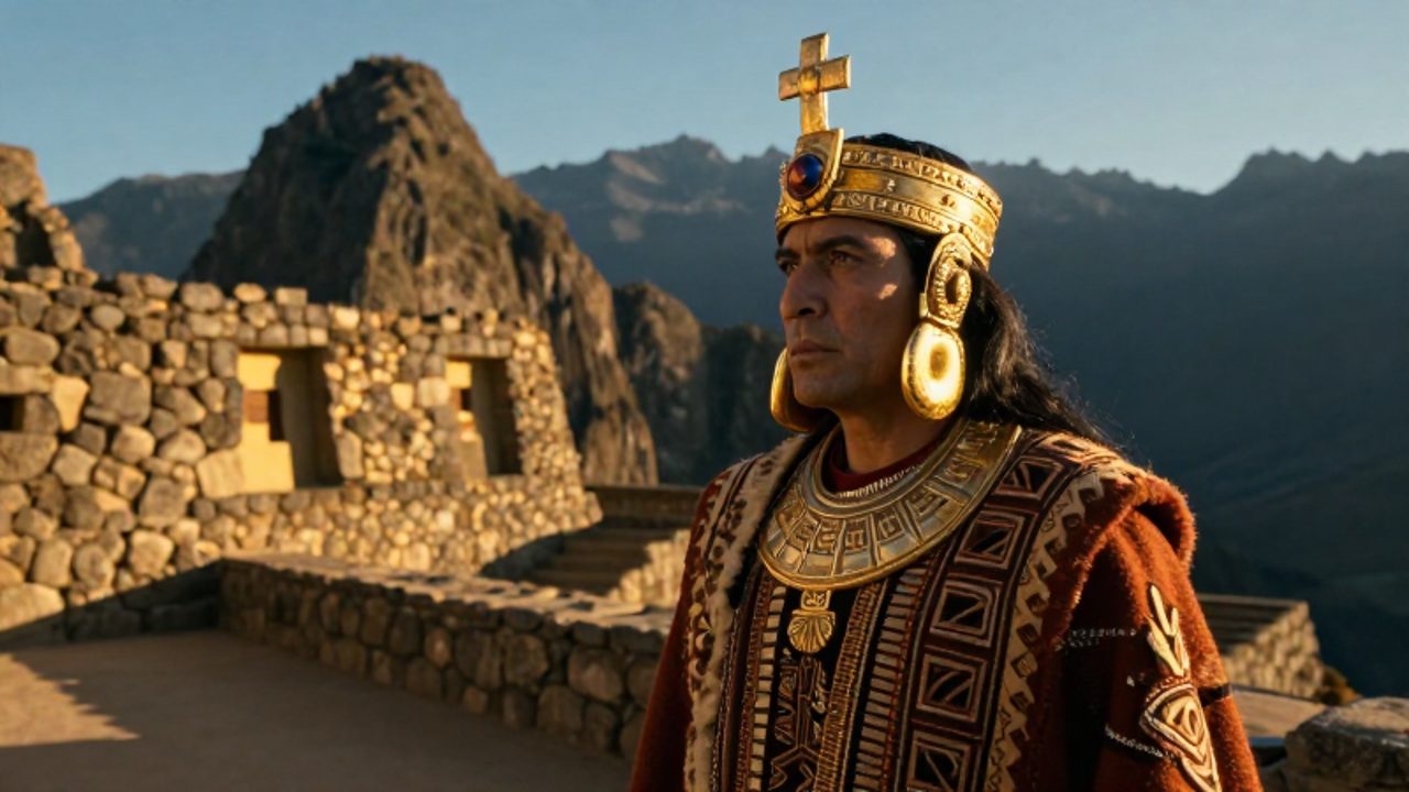El Sapa Inca con ornamentos de oro observa el horizonte desde una terraza de piedra frente a las montañas de los Andes bajo la luz del amanecer.