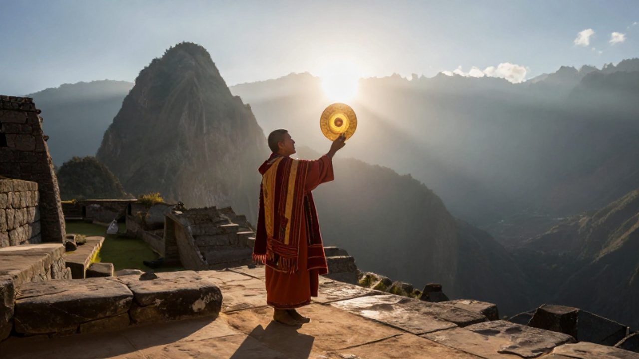 Un sacerdote inca sostiene un disco de oro hacia el sol naciente desde una terraza de piedra en las montañas de los Andes.