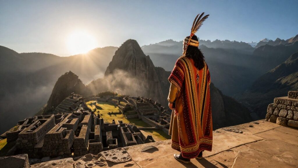 Noble inca con vestimentas ceremoniales observa el amanecer sobre una ciudadela andina y las montañas nevadas.