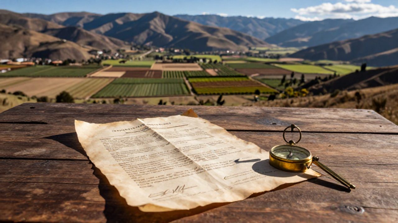 Documentos antiguos y un compás de agrimensor sobre una mesa de madera con un valle andino de grandes propiedades agrícolas al fondo.