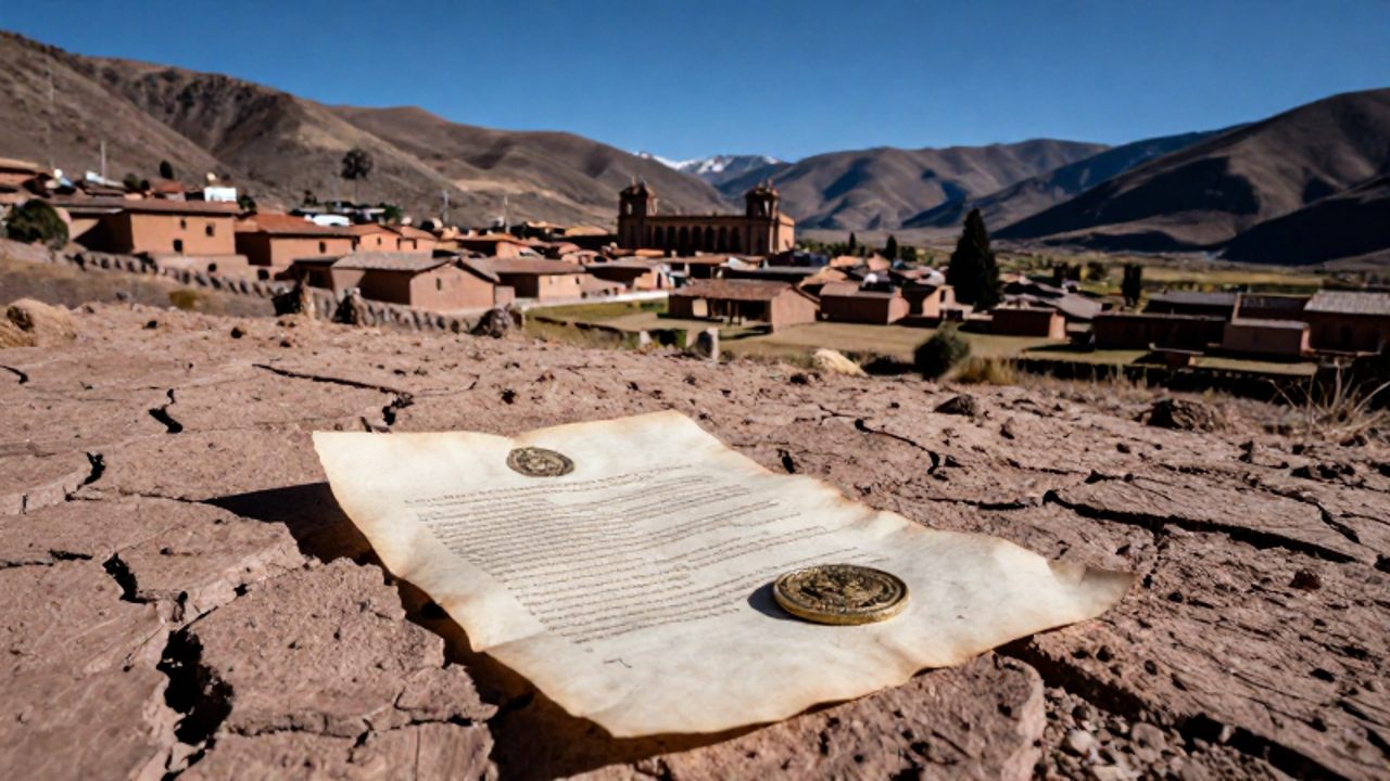 Documento legal oficial sobre la tierra seca de los Andes, con una pequeña comunidad indígena y una hacienda al fondo.