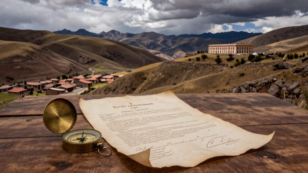 Documentos de propiedad legal sobre una mesa rústica frente a un paisaje andino donde se observa una comunidad indígena y un edificio administrativo colonial.