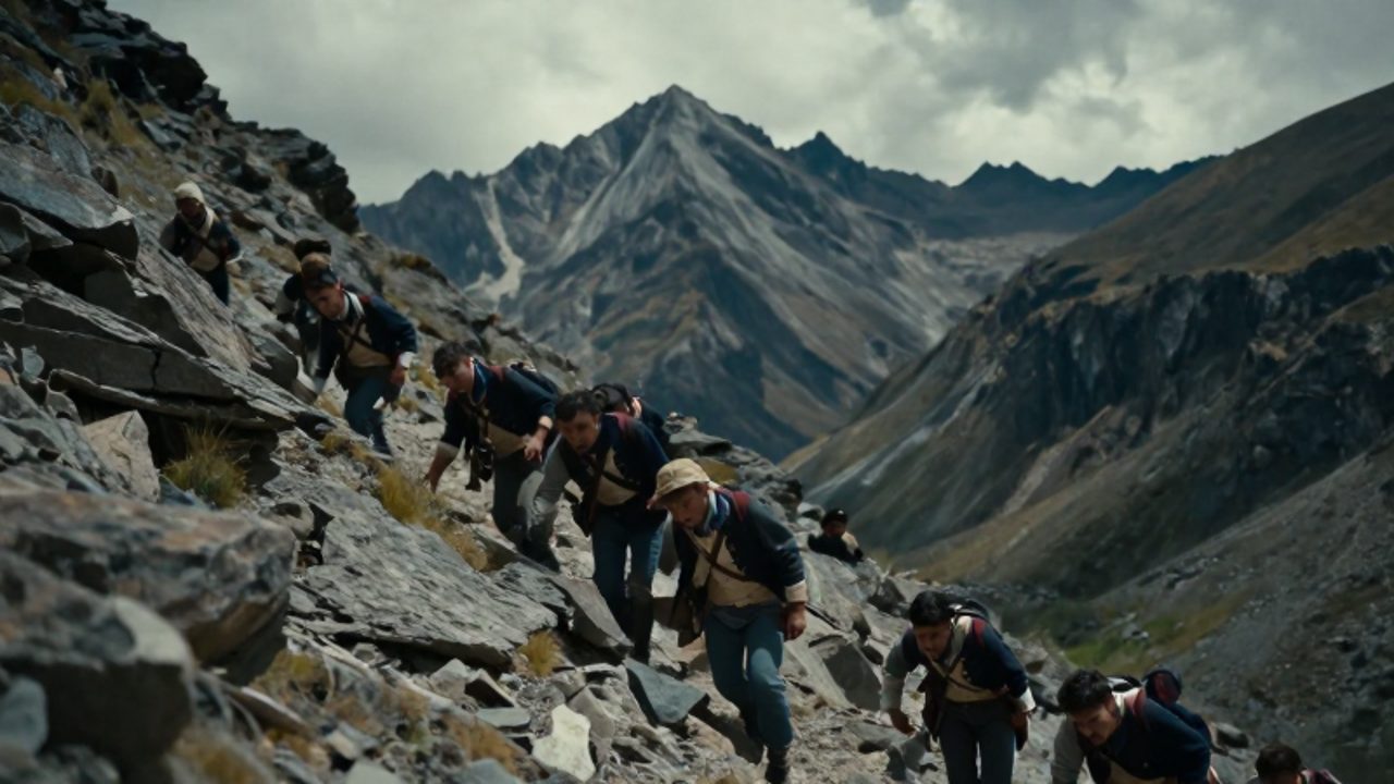 Soldados con uniformes del siglo XIX intentan avanzar con dificultad por un estrecho y escarpado paso montañoso en los Andes.