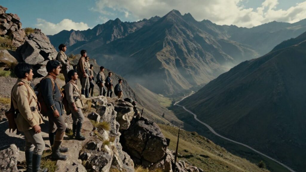 Soldados de infantería del siglo XIX en formación táctica sobre una escarpada cresta de los Andes, vigilando un valle profundo y montañoso.