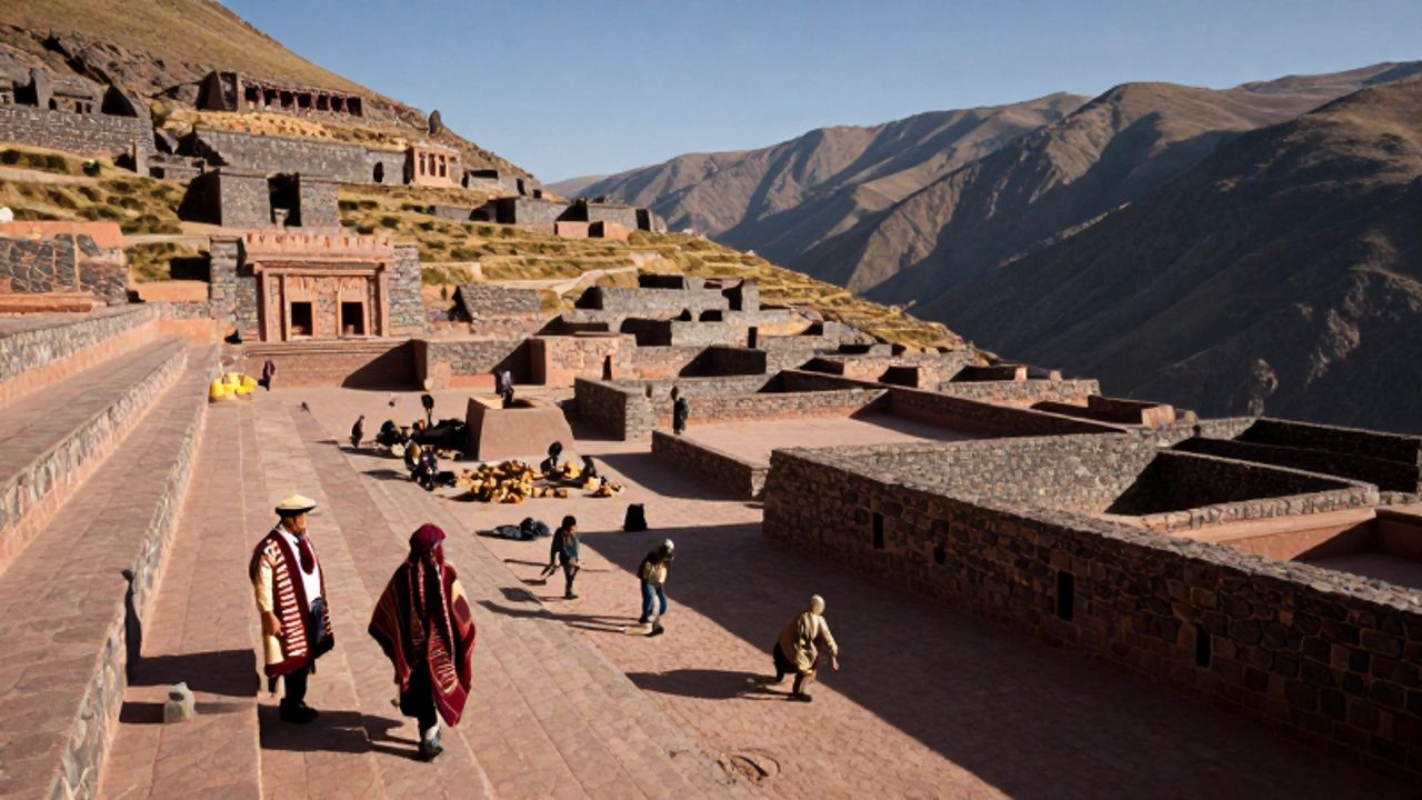 Funcionarios Wari con textiles tradicionales supervisan la construcción y el movimiento de mercancías en un centro administrativo de piedra entre montañas andinas.