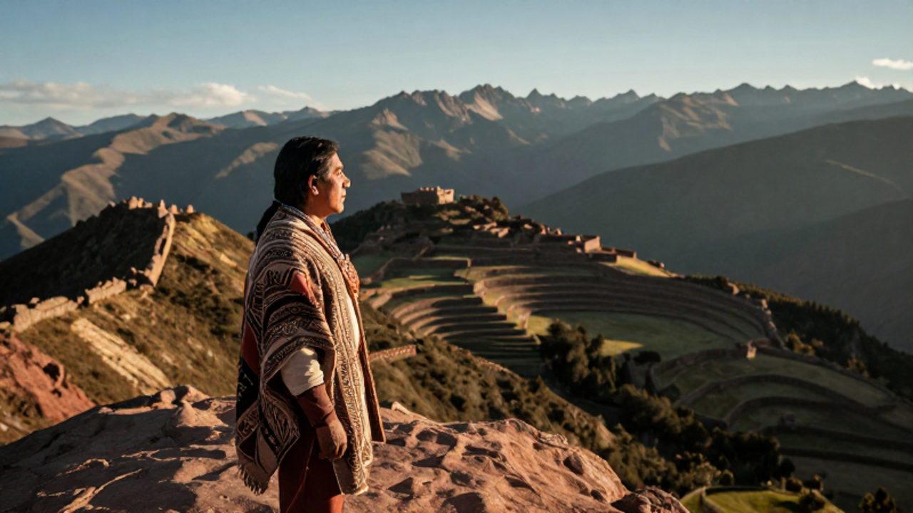 Un líder andino con vestimentas textiles tradicionales contempla desde una cresta montañosa un extenso paisaje de valles con terrazas de cultivo y asentamientos lejanos.