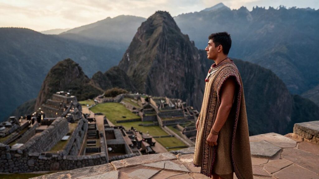 Un comandante inca con vestimenta ceremonial observa desde una terraza de piedra la extensión de un valle andino con fortificaciones y terrazas agrícolas bajo la luz del amanecer.
