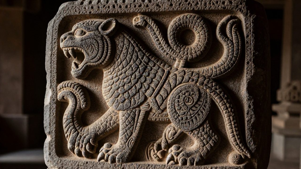 Relieve detallado en piedra volcánica de una deidad híbrida con rasgos de jaguar, ave de presa y serpiente, característica del arte Chavín.