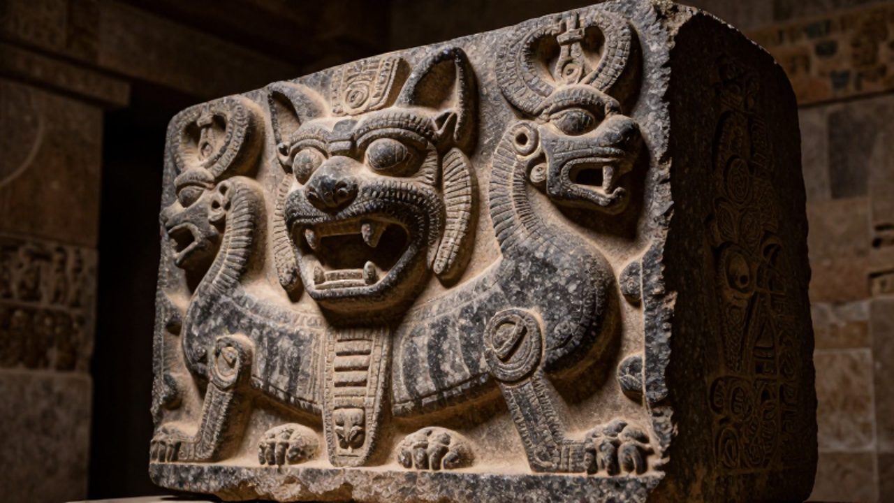 Primer plano de un monolito de piedra Chavín con relieves detallados de una deidad híbrida con colmillos felinos y rasgos de serpiente.