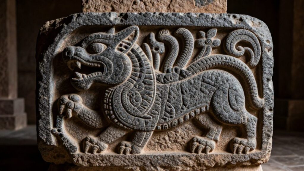 Relieve de piedra con un deidad híbrida de rasgos felinos y serpenteantes tallado en las paredes de un templo de la cultura Chavín.