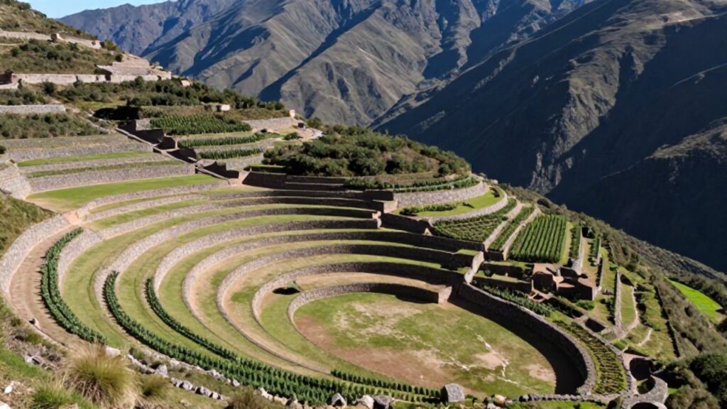Vista aérea de terrazas agrícolas incas construidas sobre una ladera montañosa con muros de piedra y cultivos verdes bajo los picos de los Andes.