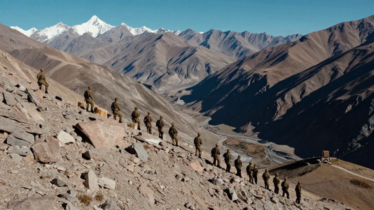 Tropas con uniformes históricos posicionadas en una formación de defensa táctica a lo largo de una cresta rocosa en un paso de los Andes.