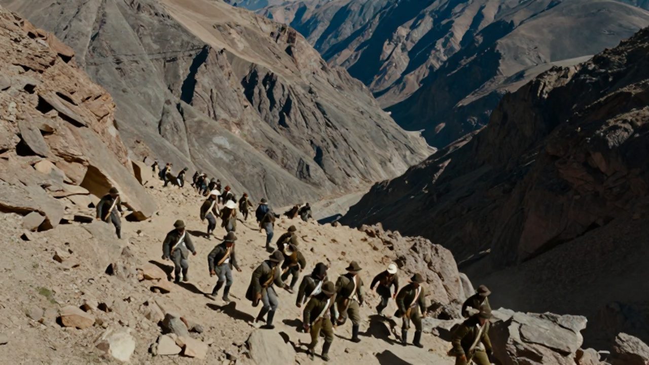 Soldados con uniformes del siglo XIX intentan maniobrar desorganizados en un valle estrecho y rocoso entre altas montañas andinas.