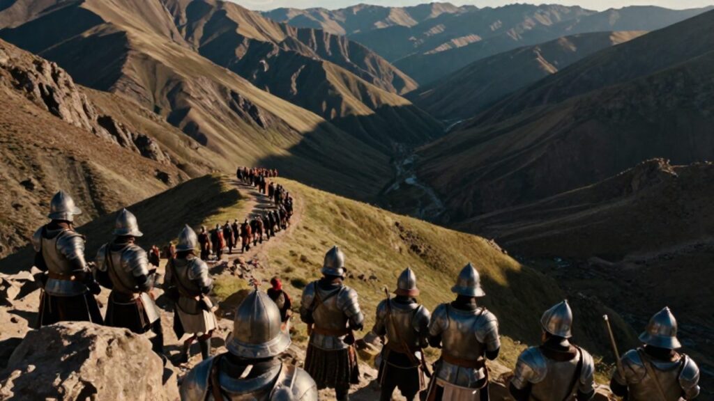 Soldados españoles con armadura observan desde una cresta un despliegue de guerreros incas que avanza por un valle en la cordillera de los Andes.