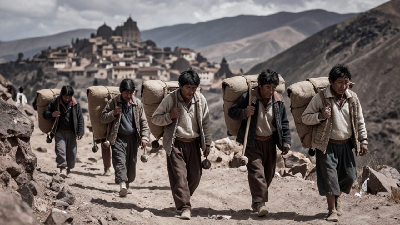 Grupo de hombres indígenas con ropas coloniales cargando sacos y herramientas por un sendero montañoso hacia un asentamiento minero en los Andes.