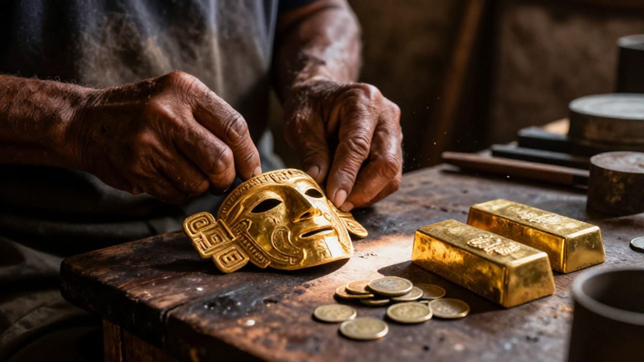 Manos de un orfebre trabajan sobre una mesa de madera junto a una máscara de oro con motivos precolombinos y lingotes junto a monedas coloniales.