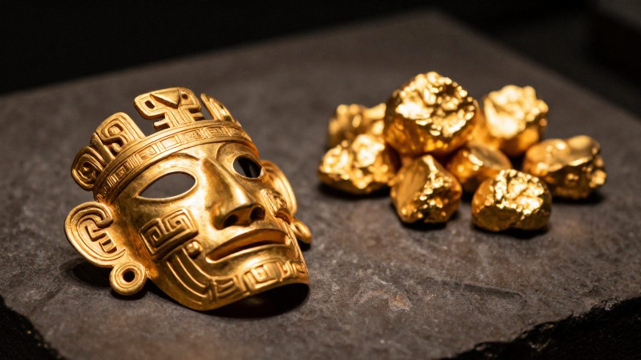 Máscara ritual de oro con iconografía andina junto a pepitas y lingotes de oro, representando el cambio del arte sagrado al comercio colonial.